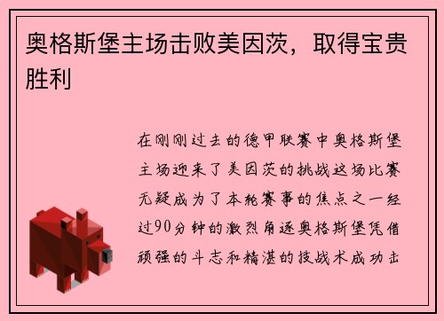 奥格斯堡主场击败美因茨，取得宝贵胜利