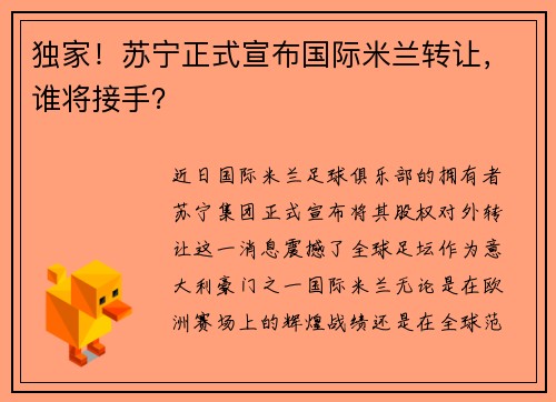 独家!苏宁正式宣布国际米兰转让,谁将接手?